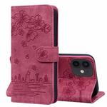 For iPhone 11 Cartoon Sakura Cat Embossed Leather Case (Wine Red)