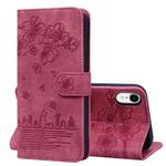 For iPhone XR Cartoon Sakura Cat Embossed Leather Case(Wine Red)