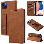 For iPhone 14 Plus Wristband Magnetic Leather Phone Case (Brown)
