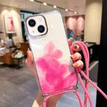 For iPhone 14 Plus Gold Halo Marble Pattern Lanyard Phone Case (Pink)