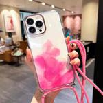 For iPhone 14 Pro Max Gold Halo Marble Pattern Lanyard Phone Case (Pink)