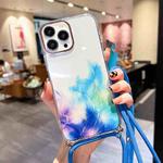 For iPhone 11 Pro Gold Halo Marble Pattern Lanyard Phone Case (Blue)