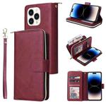 For iPhone 14 Pro 9 Card Slots Zipper Wallet Bag Leather Phone Case(Wine Red)