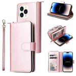 For iPhone 14 Pro Max 9 Card Slots Zipper Wallet Bag Leather Phone Case (Rose Gold)