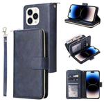 For iPhone 14 Pro Max 9 Card Slots Zipper Wallet Bag Leather Phone Case (Blue)
