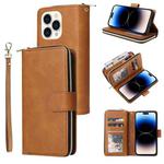 For iPhone 14 Pro Max 9 Card Slots Zipper Wallet Bag Leather Phone Case (Brown)