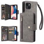 For iPhone 14 Rivet Buckle 9 Cards Three Fold Leather Phone Case (Grey)