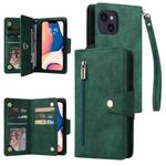 For iPhone 14 Rivet Buckle 9 Cards Three Fold Leather Phone Case (Green)