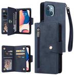 For iPhone 14 Plus Rivet Buckle 9 Cards Three Fold Leather Phone Case (Blue)