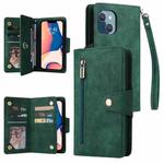 For iPhone 14 Plus Rivet Buckle 9 Cards Three Fold Leather Phone Case (Green)