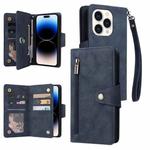 For iPhone 14 Pro Rivet Buckle 9 Cards Three Fold Leather Phone Case(Blue)