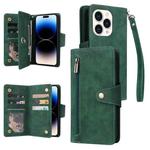 For iPhone 14 Pro Max Rivet Buckle 9 Cards Three Fold Leather Phone Case (Green)