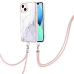 For iPhone 14 Electroplating Marble Pattern IMD TPU Shockproof Case with Neck Lanyard (White 006)