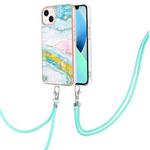 For iPhone 14 Plus Electroplating Marble Pattern IMD TPU Shockproof Case with Neck Lanyard (Green 004)