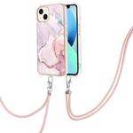 For iPhone 14 Plus Electroplating Marble Pattern IMD TPU Shockproof Case with Neck Lanyard (Rose Gold 005)