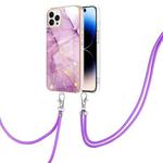 For iPhone 14 Pro Electroplating Marble Pattern IMD TPU Shockproof Case with Neck Lanyard(Purple 001)