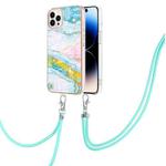 For iPhone 14 Pro Electroplating Marble Pattern IMD TPU Shockproof Case with Neck Lanyard(Green 004)