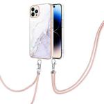 For iPhone 14 Pro Electroplating Marble Pattern IMD TPU Shockproof Case with Neck Lanyard(White 006)