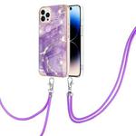 For iPhone 14 Pro Max Electroplating Marble Pattern IMD TPU Shockproof Case with Neck Lanyard (Purple 002)