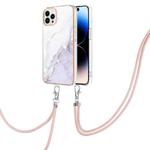 For iPhone 14 Pro Max Electroplating Marble Pattern IMD TPU Shockproof Case with Neck Lanyard (White 006)