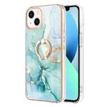 For iPhone 14 Electroplating Marble Pattern IMD TPU Shockproof Case with Ring Holder (Green 003)