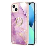 For iPhone 14 Plus Electroplating Marble Pattern IMD TPU Shockproof Case with Ring Holder (Purple 001)