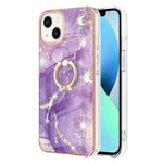 For iPhone 14 Plus Electroplating Marble Pattern IMD TPU Shockproof Case with Ring Holder (Purple 002)