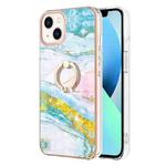 For iPhone 14 Plus Electroplating Marble Pattern IMD TPU Shockproof Case with Ring Holder (Green 004)