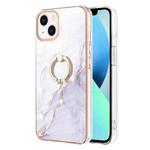 For iPhone 14 Plus Electroplating Marble Pattern IMD TPU Shockproof Case with Ring Holder (White 006)