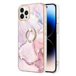 For iPhone 14 Pro Electroplating Marble Pattern IMD TPU Shockproof Case with Ring Holder(Rose Gold 005)
