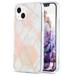 For iPhone 14 Plus Electroplating Splicing Marble Flower Pattern Dual-side IMD TPU Shockproof Phone Case (Pink White)
