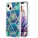 For iPhone 14 Plus Electroplating Splicing Marble Flower Pattern Dual-side IMD TPU Shockproof Phone Case (Blue Green)