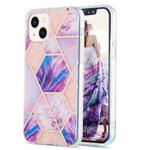 For iPhone 14 Plus Electroplating Splicing Marble Flower Pattern Dual-side IMD TPU Shockproof Phone Case (Light Purple)