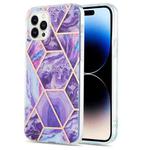 For iPhone 14 Pro Electroplating Splicing Marble Flower Pattern Dual-side IMD TPU Shockproof Phone Case(Dark Purple)