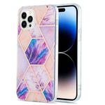For iPhone 14 Pro Max Electroplating Splicing Marble Flower Pattern Dual-side IMD TPU Shockproof Phone Case (Light Purple)