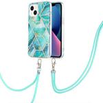 For iPhone 14 Electroplating Splicing Marble Pattern Dual-side IMD TPU Shockproof Case with Neck Lanyard (Blue)