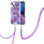 For iPhone 14 Electroplating Splicing Marble Pattern Dual-side IMD TPU Shockproof Case with Neck Lanyard (Dark Purple)