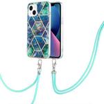 For iPhone 14 Plus Electroplating Splicing Marble Pattern Dual-side IMD TPU Shockproof Case with Neck Lanyard (Blue Green)