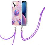 For iPhone 14 Plus Electroplating Splicing Marble Pattern Dual-side IMD TPU Shockproof Case with Neck Lanyard (Light Purple)