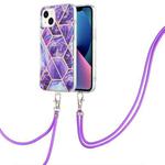 For iPhone 14 Plus Electroplating Splicing Marble Pattern Dual-side IMD TPU Shockproof Case with Neck Lanyard (Dark Purple)