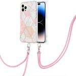 For iPhone 14 Pro Electroplating Splicing Marble Pattern Dual-side IMD TPU Shockproof Case with Neck Lanyard(Pink White)