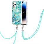 For iPhone 14 Pro Max Electroplating Splicing Marble Pattern Dual-side IMD TPU Shockproof Case with Neck Lanyard (Blue)