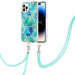 For iPhone 14 Pro Max Electroplating Splicing Marble Pattern Dual-side IMD TPU Shockproof Case with Neck Lanyard (Green)