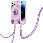 For iPhone 14 Pro Max Electroplating Splicing Marble Pattern Dual-side IMD TPU Shockproof Case with Neck Lanyard (Light Purple)