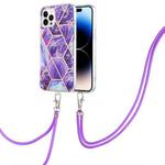 For iPhone 14 Pro Max Electroplating Splicing Marble Pattern Dual-side IMD TPU Shockproof Case with Neck Lanyard (Dark Purple)