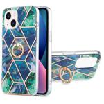 For iPhone 14 Electroplating Splicing Marble Pattern Dual-side IMD TPU Shockproof Case with Ring Holder (Blue Green)