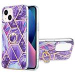 For iPhone 14 Plus Electroplating Splicing Marble Pattern Dual-side IMD TPU Shockproof Case with Ring Holder (Dark Purple)
