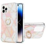For iPhone 14 Pro Electroplating Splicing Marble Pattern Dual-side IMD TPU Shockproof Case with Ring Holder(Pink White)