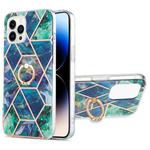 For iPhone 14 Pro Max Electroplating Splicing Marble Pattern Dual-side IMD TPU Shockproof Case with Ring Holder (Blue Green)