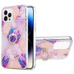For iPhone 14 Pro Max Electroplating Splicing Marble Pattern Dual-side IMD TPU Shockproof Case with Ring Holder (Light Purple)